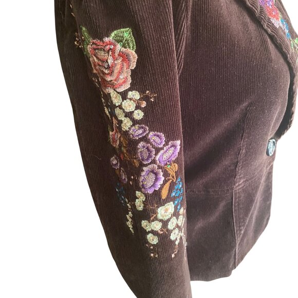 Y2K corduroy floral embroidered dark brown True Meaning blazer jacket - Picture 11 of 16